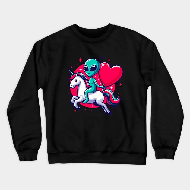 Funny Valentine Day Believer Ufo Alien Riding Unicorn Crewneck Sweatshirt by Outrageous Flavors